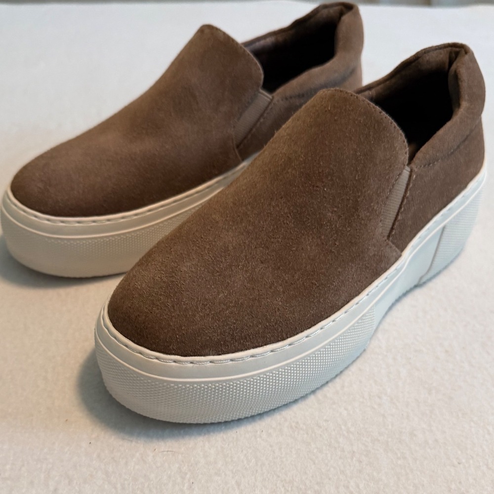 J/Slides NYC Brown Suede Platform Slip On Sneakers Minimalist Quiet Luxury 7.5M